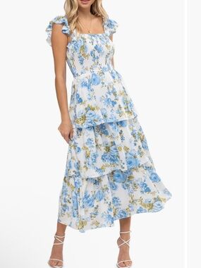 New! August Sky Smocked Tiered Midi Dress in Blue Floral